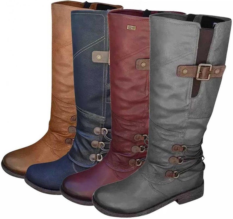 woobles Women's Vintage Leather Zipper High Snow Boots, Fashion Large Size Boots Women Autumn Long Tube Zipper Low Heeled Shoes Boots Pointed Boots Knight Boots - Image 4